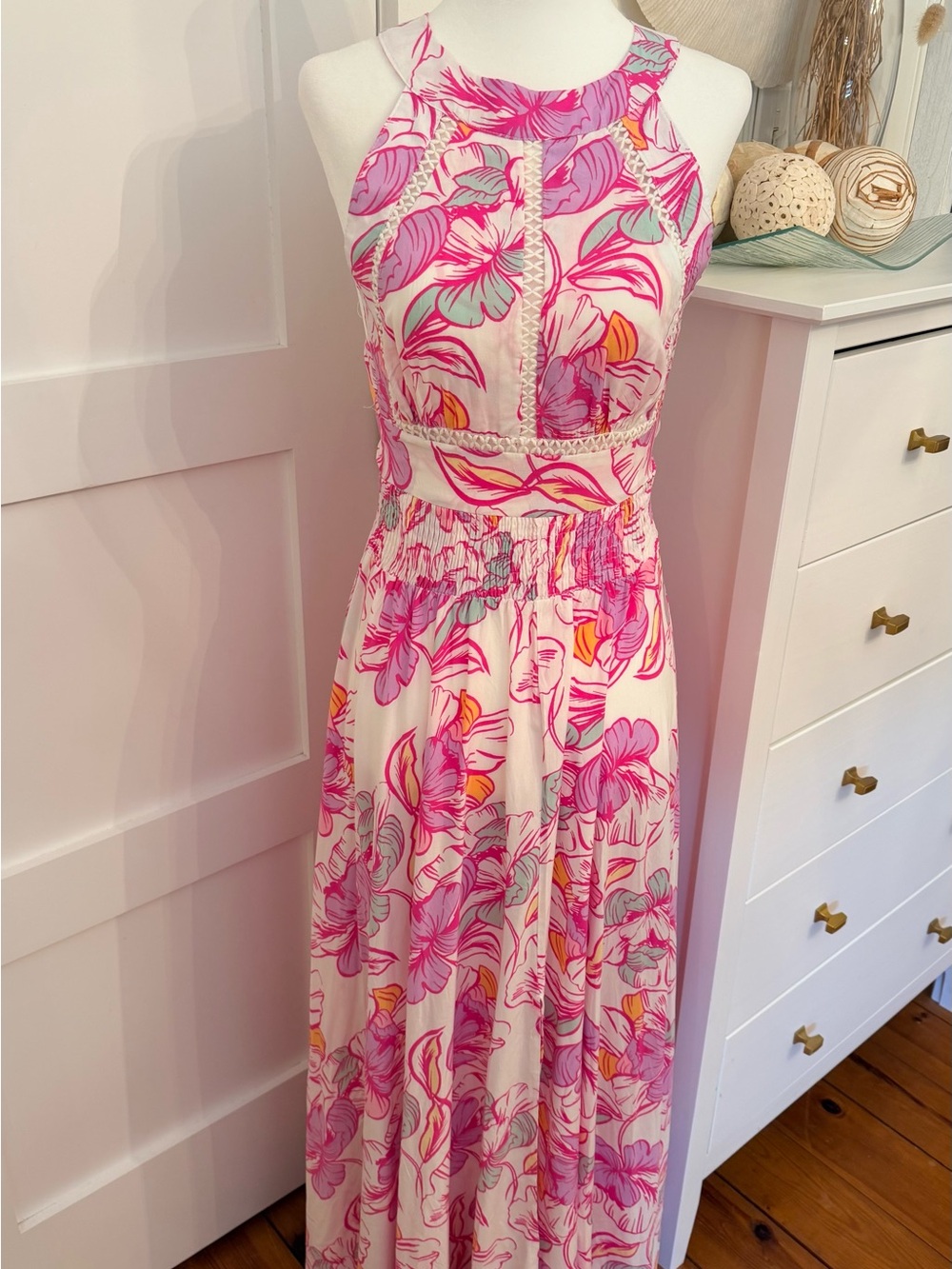 Floral Halter Maxi Dress - Pink/White